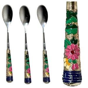 Vintage Set (7) Small Spoons Enamel Floral Handles Korean Souvenir Boho Retro